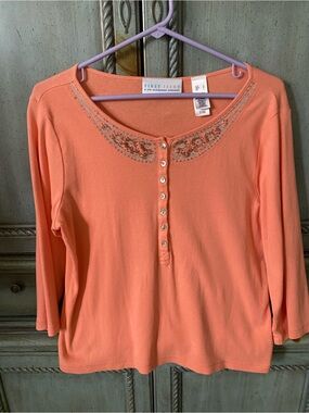 Women’s Coral Embroidered Scoop Neck Henley Top with 3/4 Sleeves